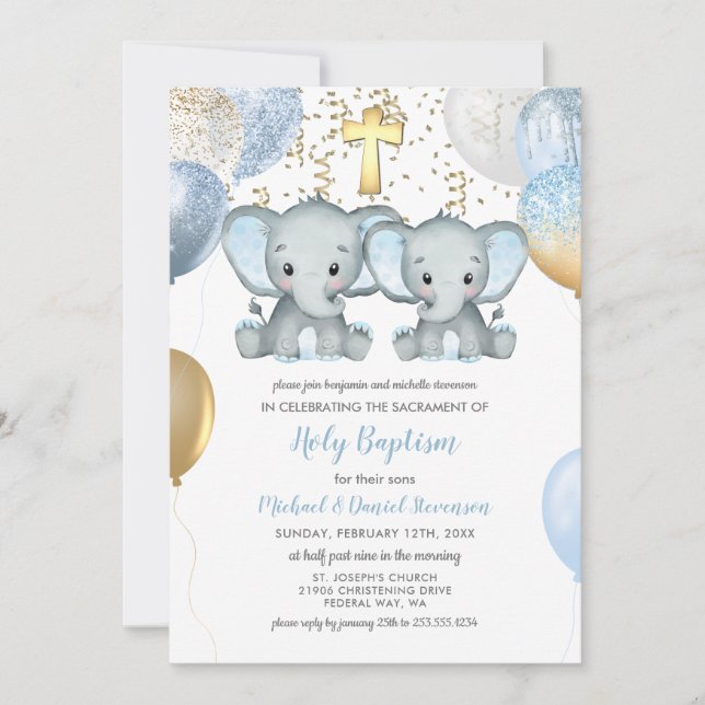 Elephant Balloons Watercolor Baptism Convite (Frente)