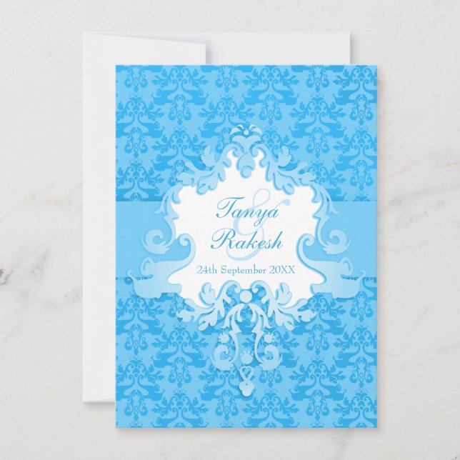 Elephant damask aqua convite para casamento azul (Frente)