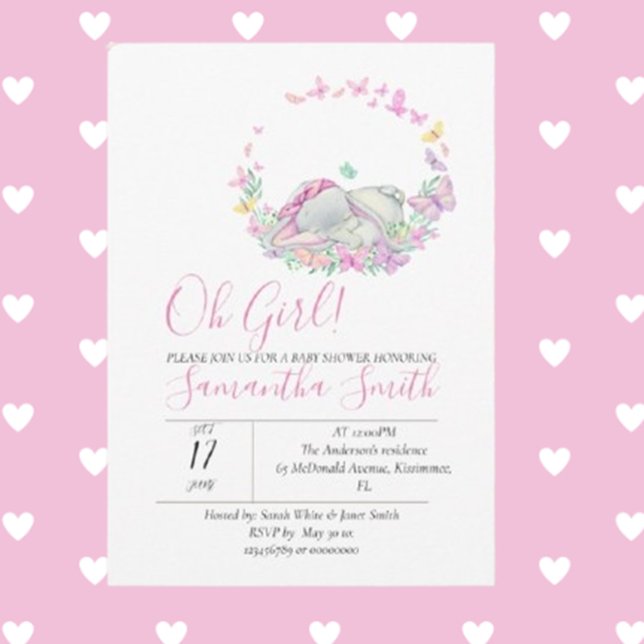 Elephant Pink Butterflies Convite para Chá de fral (Celebrate your little one with our Elephant Pink Butterflies Baby Shower Invitation)