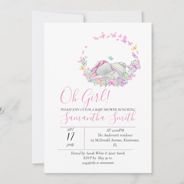 Elephant Pink Butterflies Convite para Chá de fral (Frente)