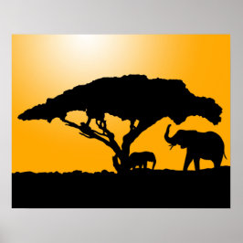 Elephant Silhouettes at Sunset Poster