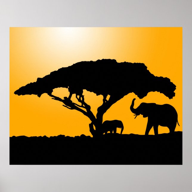 Elephant Silhouettes at Sunset Poster (Frente)