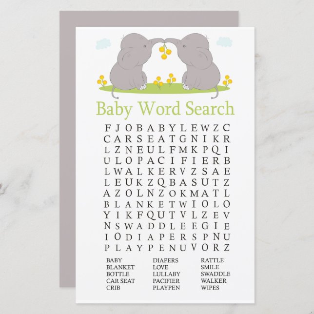 Elephants Chá de fraldas Word Search Game (Frente/Verso)