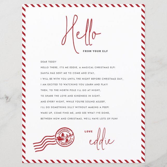 Elf Arrival - Letra Hello da sua Nota Elf (Frente)