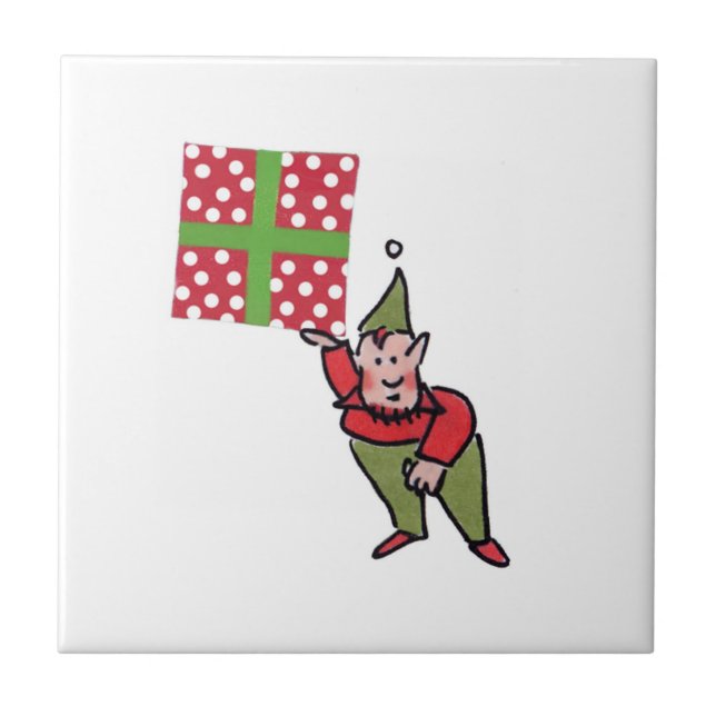 Elf Com Polk Dot Gift Pequeno azulejo de cerâmica  (Frente)