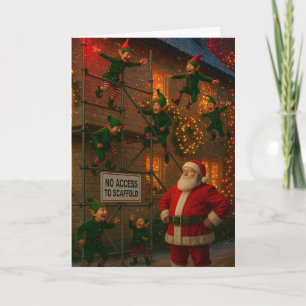 Elfos de cartão de Natal brincando em andaimes