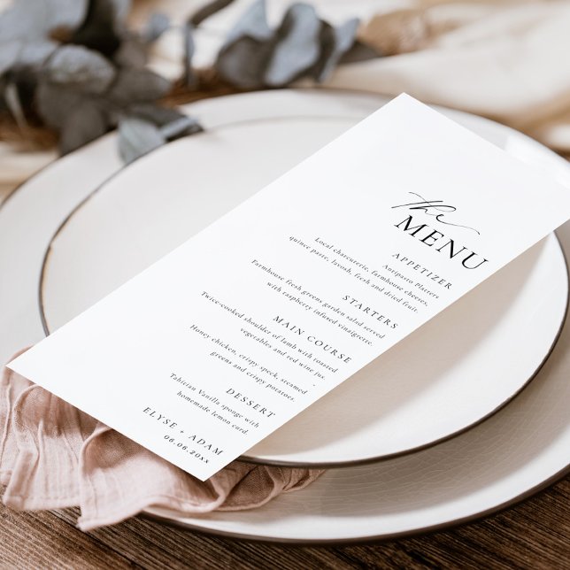 Ellesmere Minimalist Wedding Menu Long & Obrigado (Minimalist wedding dinner menu and thank you card)