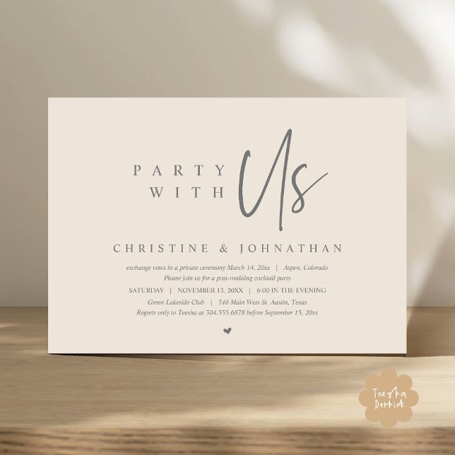 Elopemento de Casamento, Festa conosco Convite (Party with us Modern Casual Wedding Elopement Dinner Party Dancing Invitation Card PDF Cream Grey)