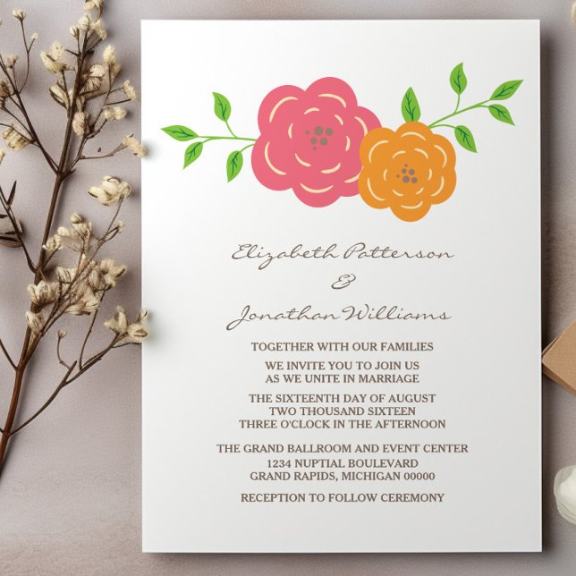 Em Bloom Red Orange Floral Convite de casamento (In Bloom Red Orange Floral Wedding Invite)