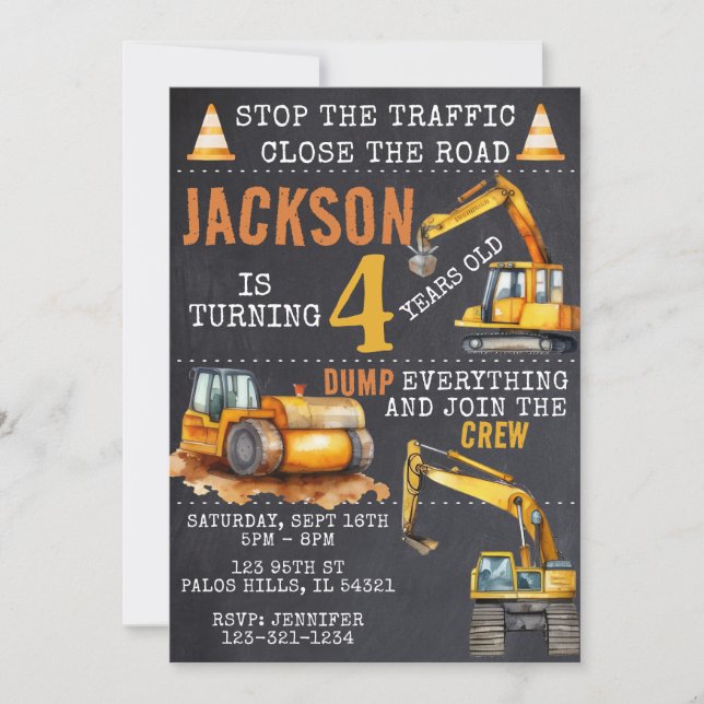 Em construção, convite para o aniversário de chalk (Frente)