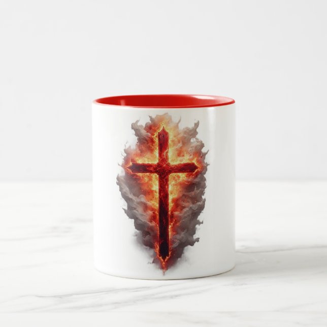 Em Dois Tons Caneca de café com Cruz Cristã Flamejante (Centro)