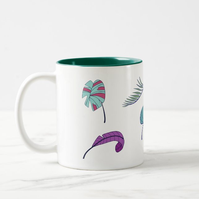 Em Dois Tons Caneca de Café com Desenho de Folhas Tropicais  (Esquerda)