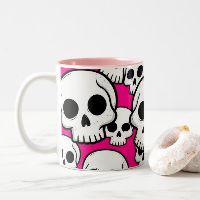 Em Dois Tons Caneca de Café com Estampa de Caveira Rosa (Com Donut)