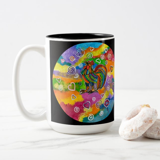 Em Dois Tons Caneca de café com galo apaixonado (Com Donut)