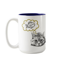 Caneca de Café com Gato Sonhando com Peixe Desenha