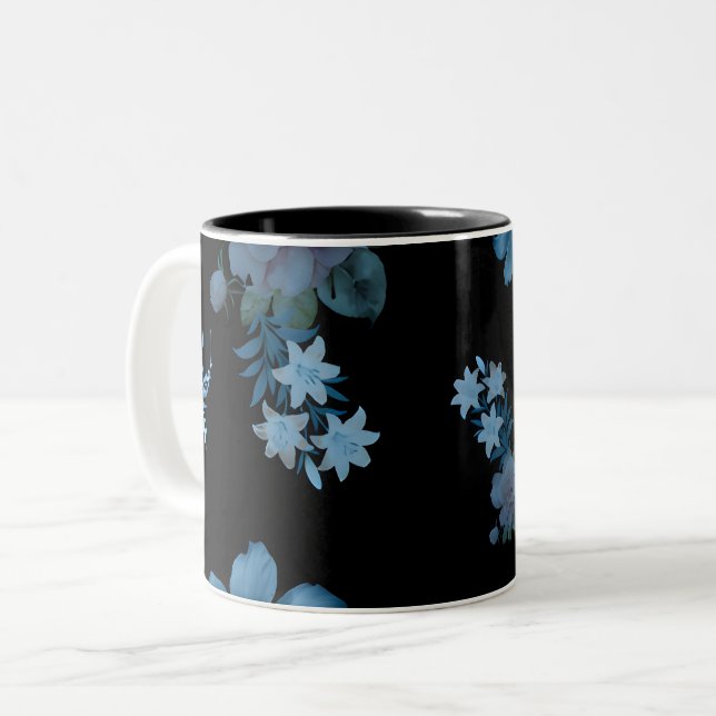 Em Dois Tons Caneca de Café com Padrão Floral Azul Escuro Elega (Frente Esquerda)