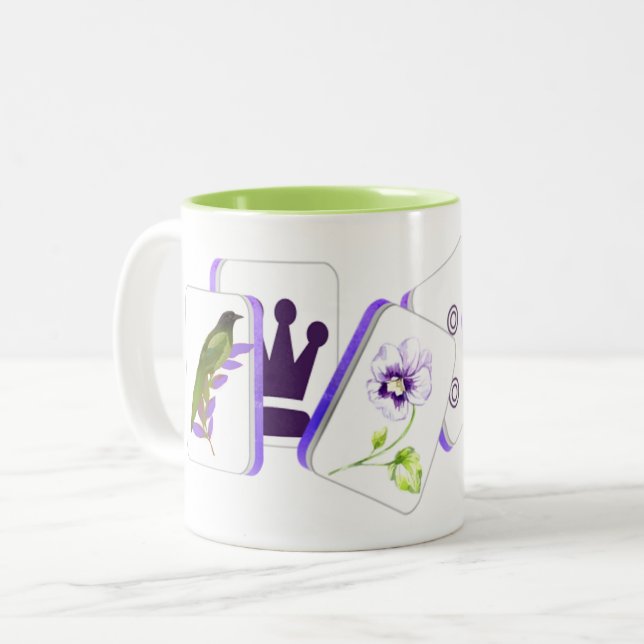 Em Dois Tons Caneca de Café com Peças de Mahjong Pássaro Bam e  (Frente Esquerda)
