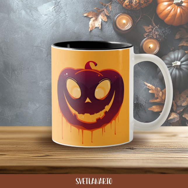 Em Dois Tons Caneca de Café com Rosto de Abóbora Assustadora de (Frontal view)