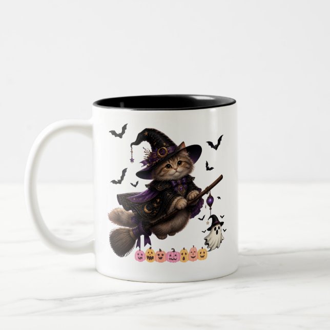 Em Dois Tons Caneca de Café de Bruxa de Gato de Halloween (Esquerda)