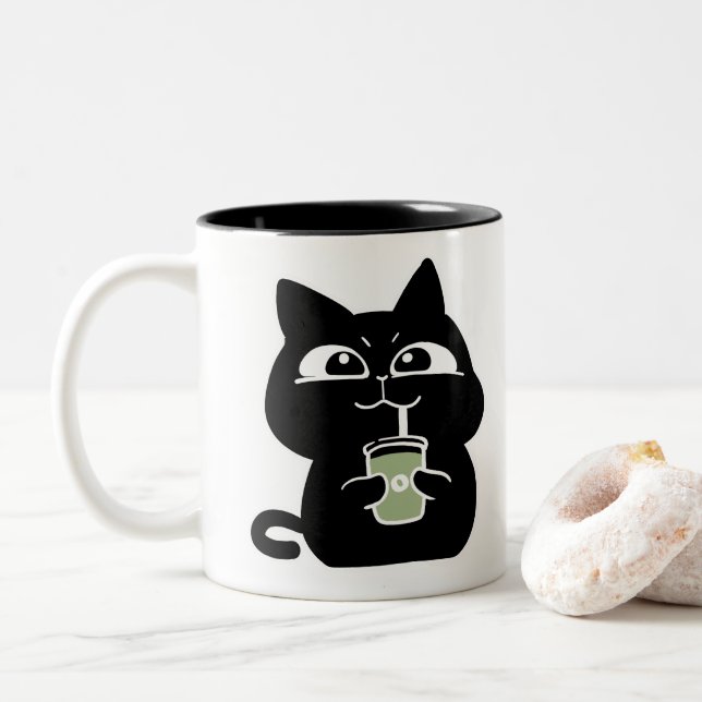 Em Dois Tons Caneca de Café de Gato Preto Fofo e Gorducho (Com Donut)