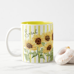 Em Dois Tons Caneca de café de girassóis e listras amarelas 330