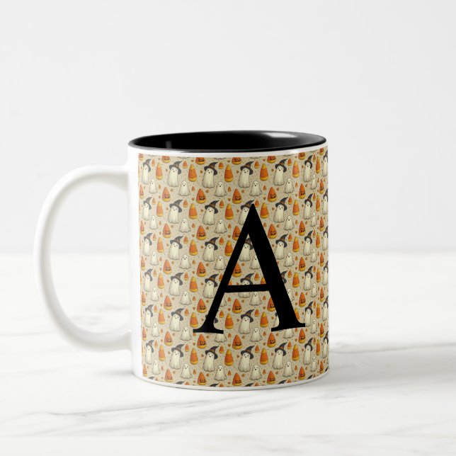 Em Dois Tons Caneca de café de Halloween fofa com inicial (Esquerda)