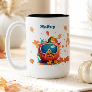 Em Dois Tons Caneca de café de outono de 15 oz, Abóbora legal c