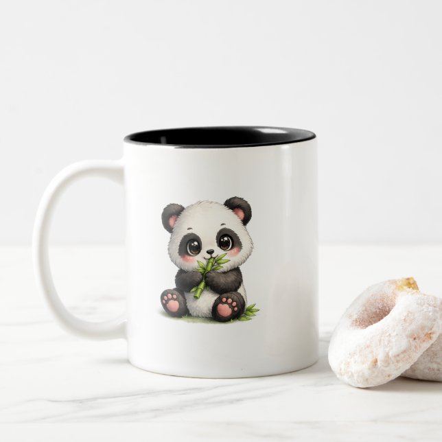 Em Dois Tons Caneca de Café de Panda Bebê Fofo Comendo Bambu  (Com Donut)