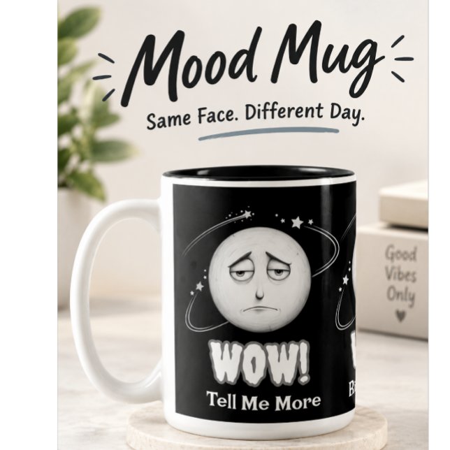 Em Dois Tons Caneca de café divertida com rosto lunar "Uau" (Criador carregado)