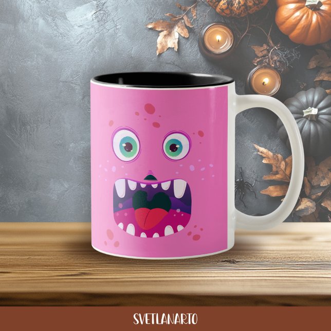 Em Dois Tons Caneca de Café do Monstro Feliz Rosa de Halloween (Frontal view)