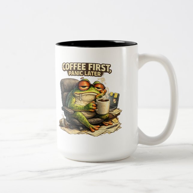 Em Dois Tons Caneca de Café Engraçada com Sapo 'Café Primeiro,  (Direita)