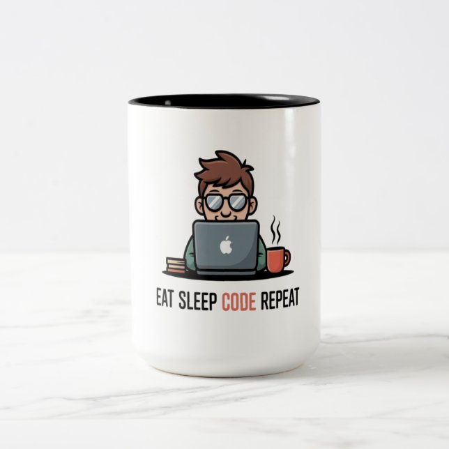 Em Dois Tons Caneca de café engraçada 'Comer Dormir Codificar R (Centro)