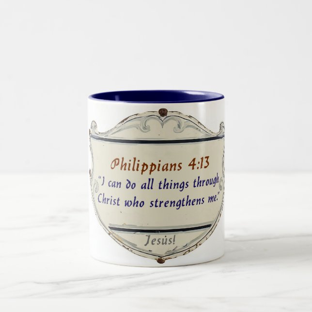 Em Dois Tons Caneca de Café Escudo Filipenses 4:13 (Centro)