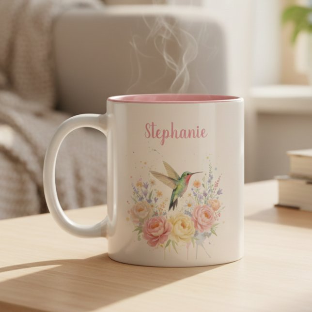 Em Dois Tons Caneca de Café Floral Beija-Flor – Presente Rosa P (Floral Hummingbird Pesonalized pink coffee mug)