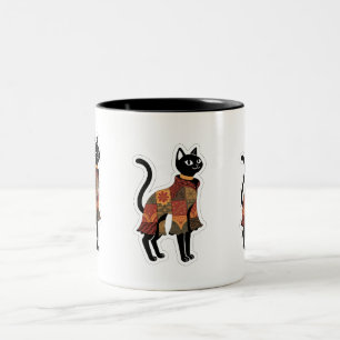 Em Dois Tons Caneca de Café Gato Preto Boho Patchwork