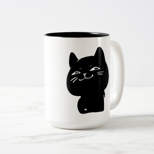 Em Dois Tons Caneca de Café Gato Preto Fofo e Gordinho (Frente Esquerda)