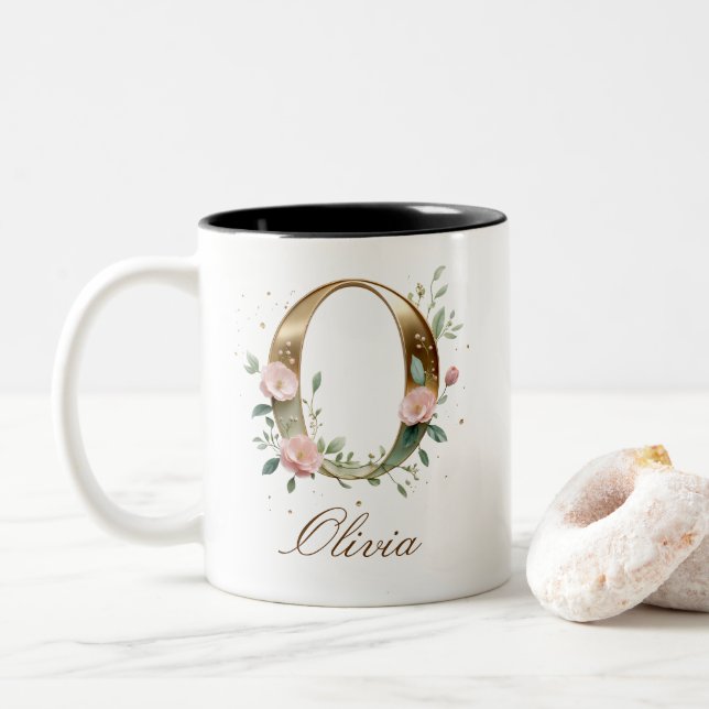 Em Dois Tons Caneca de Café Luxo Dourada com Floral Inicial O e (Com Donut)