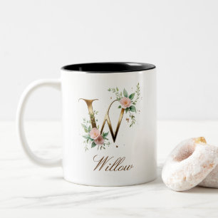 Em Dois Tons Caneca de Café Luxuosa com Floral Dourado Inicial
