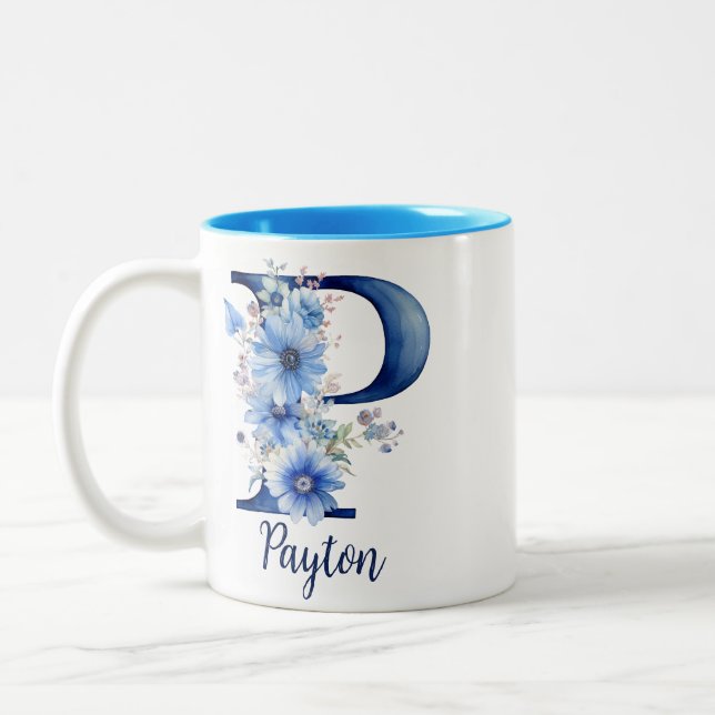 Em Dois Tons Caneca de Café Monogramada Floral Azul 325ml (Esquerda)