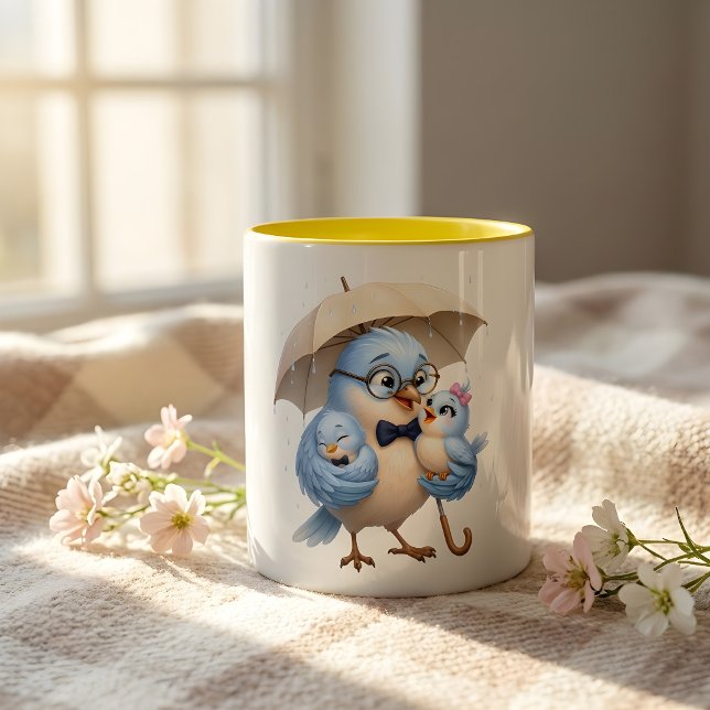 Em Dois Tons Caneca de Café Papai Pássaro Azul e Bebês Pássaros (Criador carregado)