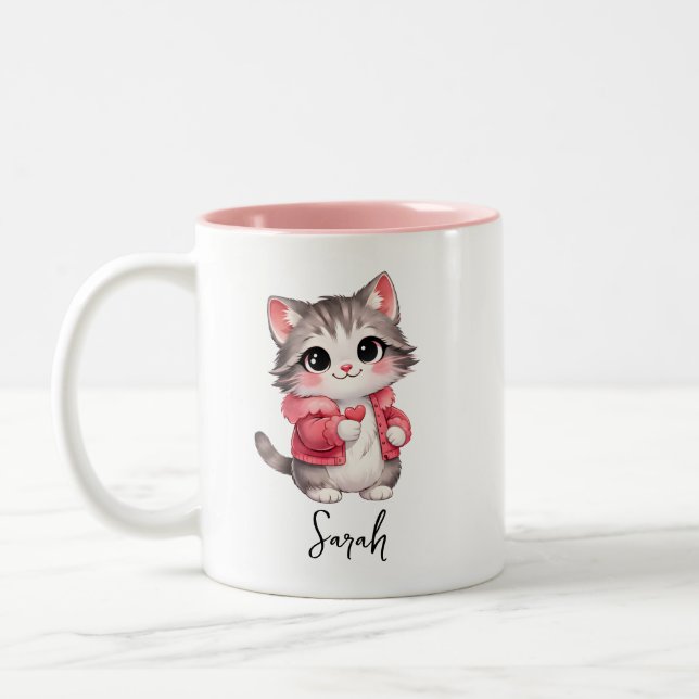 Em Dois Tons Caneca de Café Personalizada com Gatinho de Desenh (Esquerda)