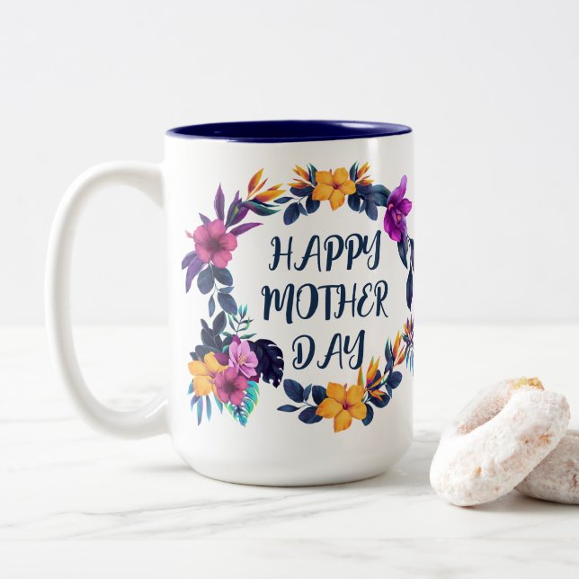 Em Dois Tons Caneca de Café Personalizada Dia das Mães Floral E (Com Donut)