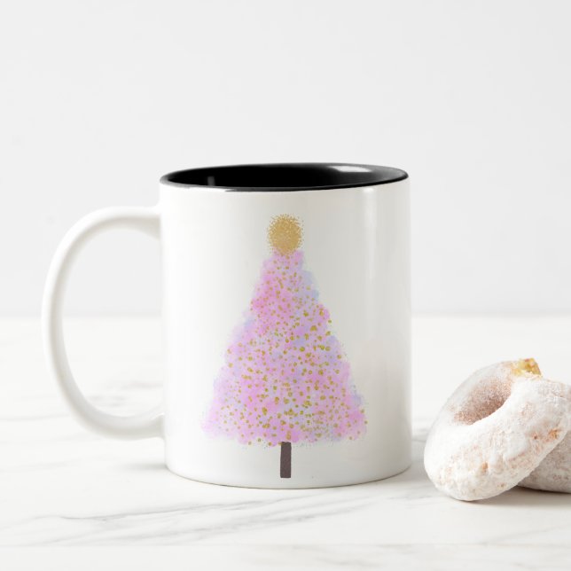Em Dois Tons Caneca de café rosa da árvore de natal (Com Donut)