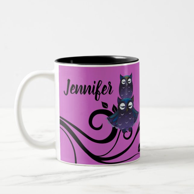 Em Dois Tons Caneca de Café Tema Coruja Roxa Personalizada (Esquerda)