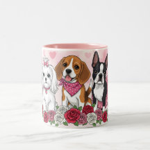 Caneca de Café Trio de Cachorro Adorável Rosas Ama