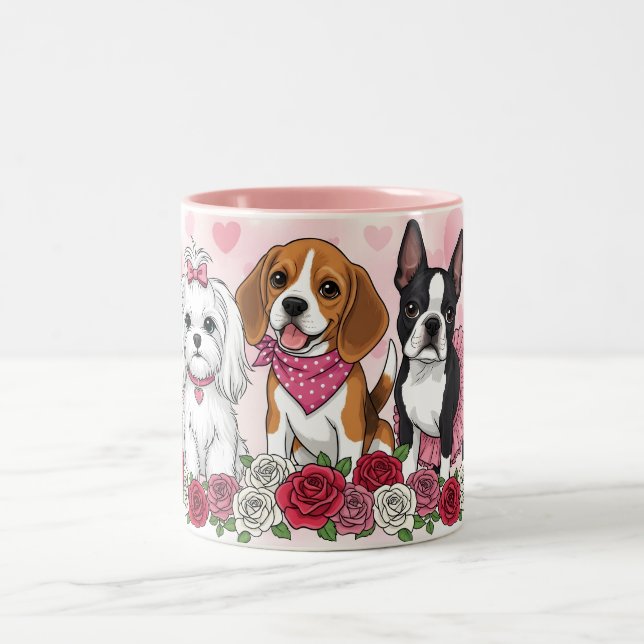 Em Dois Tons Caneca de Café Trio de Cachorro Adorável Rosas Ama (Centro)