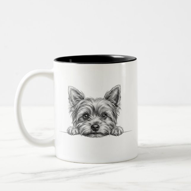 Em Dois Tons Caneca de Café Yorkie Peekaboo Sketch (Esquerda)