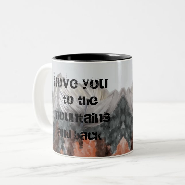 Em Dois Tons Eu te amo às montanhas e à caneca de café traseira (Frente Esquerda)