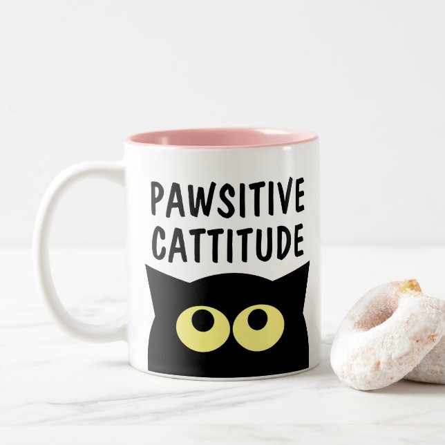 Em Dois Tons Pawsitive Cattitude Engraçada - caneca de café (Com Donut)