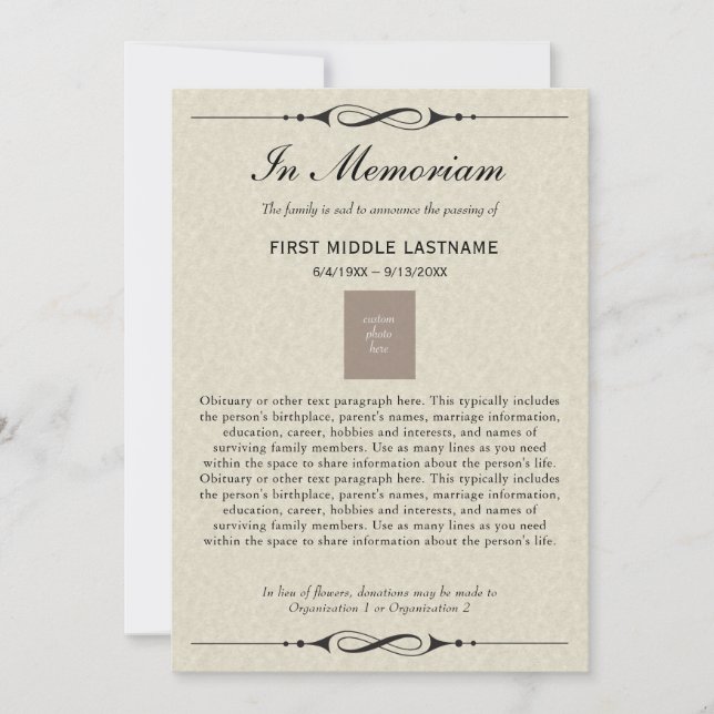 Em Memoriam Morte Anúncio com Obituário (Frente)